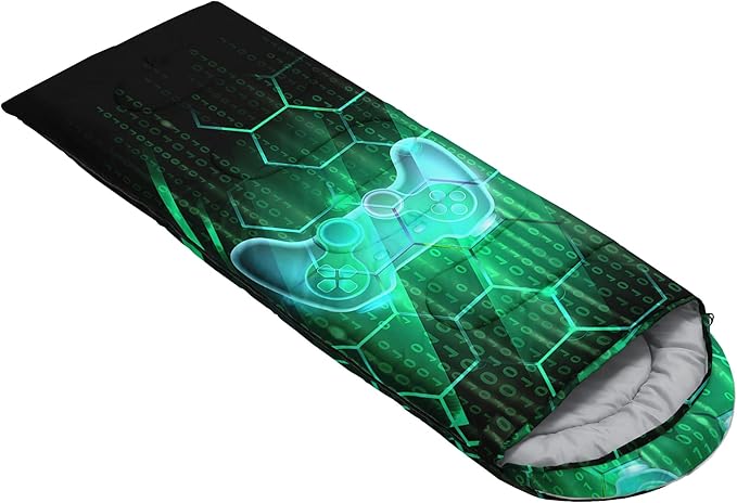 Axolotl Gamepad Sleeping Bag,3 Season Warm and Cool Weather Game Console Sleeping Bag for Boys Teens,Waterproof Lightweight Geometry Hexagonal Sleeping Bag for Traveling,Outdoors Camping,Blue,Black