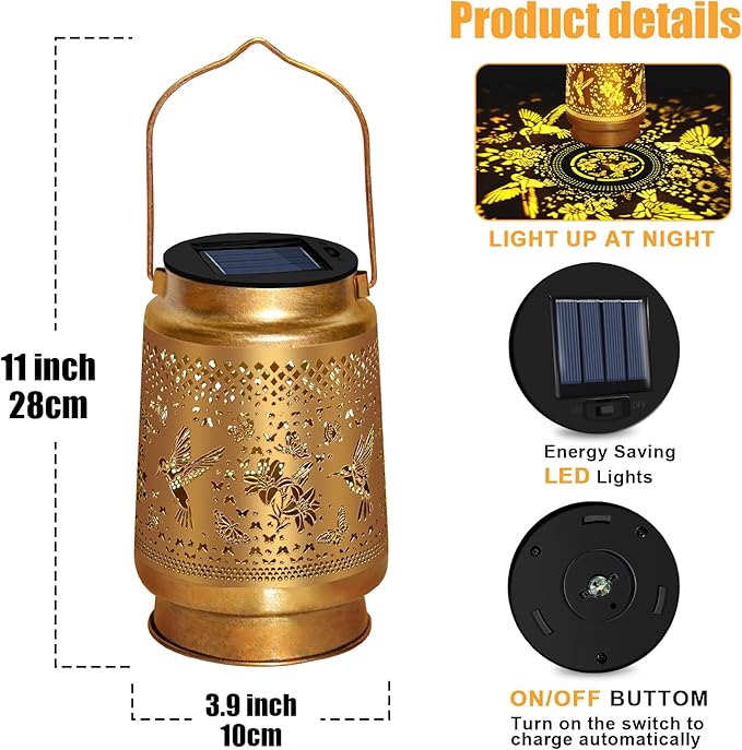 Hummingbird Solar Lantern Outdoor Waterproof, Mothers Day Gifts Hanging Garden Lights with Metal Design - Patio Decor, Christmas Gifts for Women Mom Grandma