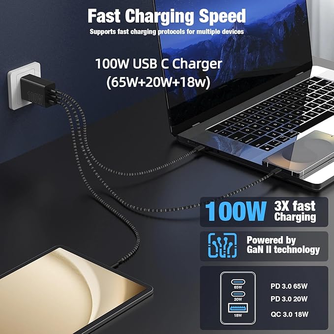 65W Super Fast Charger Type C for Samsung,3 Port 100W Quick Charging 3.0 USB C Block & 3/6/10/10FT Braided Type C Cord for Samsung Galaxy S26 Ultra/S26/S25 Ultra/iPhone 17 Pro/MacBook Pro/Air-Purple