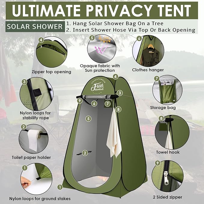 Solar Shower Tent Kit, 2 Pcs, Instant Pop Up Privacy, 5 Gallon Solar Shower Bag, Sun Canopy Beach Outdoor Camp Privacy Tent, Easy Set Up, Foldable