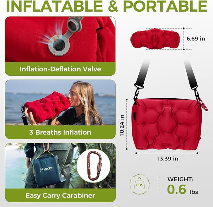 ATEPA 4-in-1 Travel Cushion, Ultralight Portable Inflatable Pillow Seat Cushion Neck & Back Support Travel Bag with Zippered Protection & Convertible Strap for Airplane Camping Backpacking