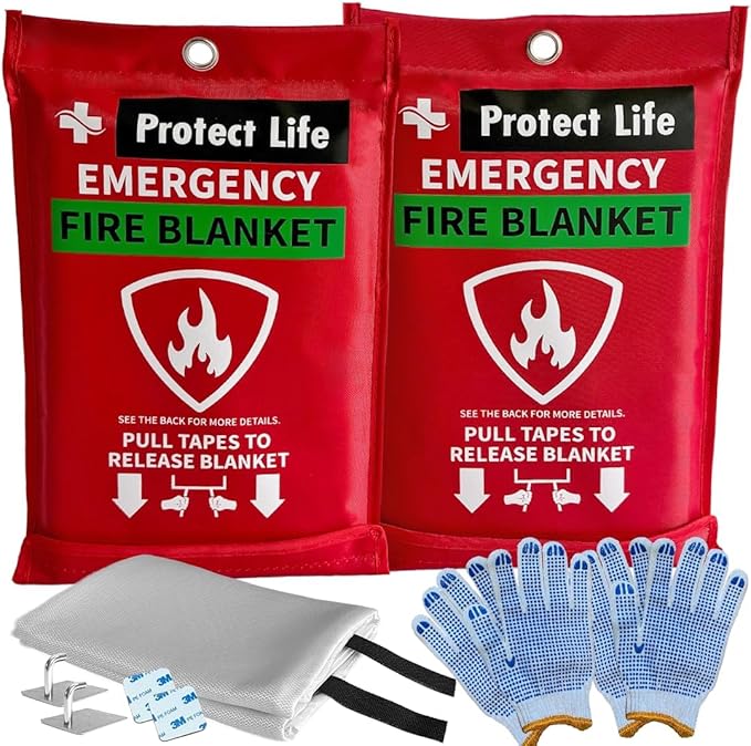 Protect Life Saving Emergency Fire Blankets 2 Pack - 40"x40", Fiberglass Fire Blanket for Home & Kitchen - Fire Suppression or Retardant Tarp - Fire Safety Kit for Car or Camping