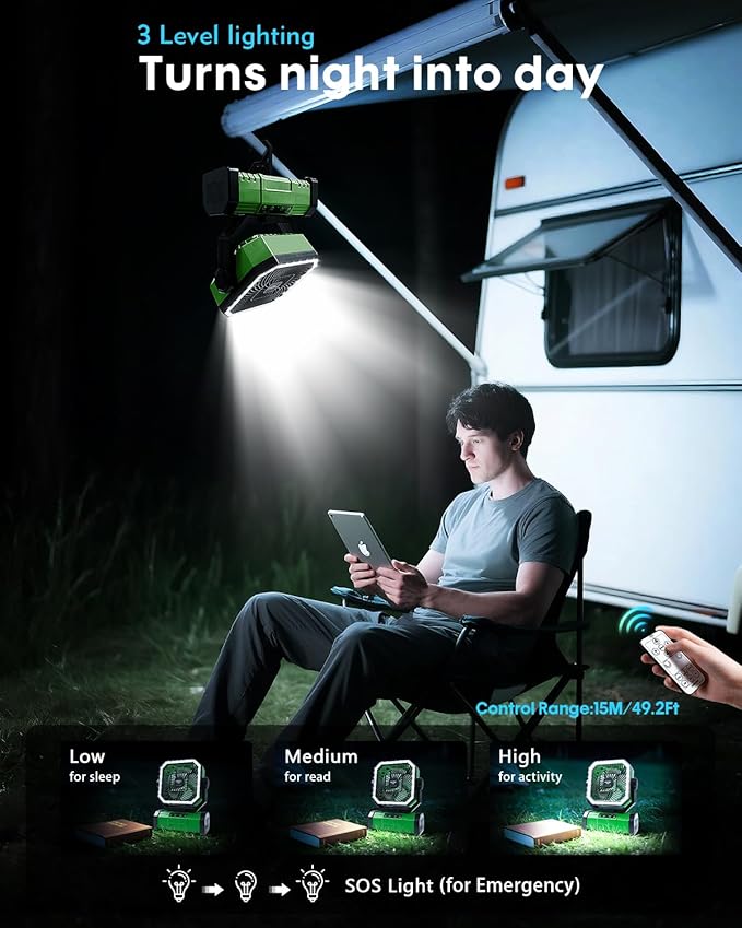 Camping Fan with Bluetooth Speaker Portable Fan,20000mAh Rechargeable Battery Powered Fans, 360° Hanging Hook for Outdoor Picnic Tent Beach Travel Barbecue, Green