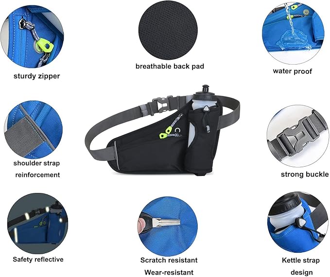 Running Belt Hydration Waist Pack with Water Bottle Holder for Men&Women Outdoor Sports (Black)