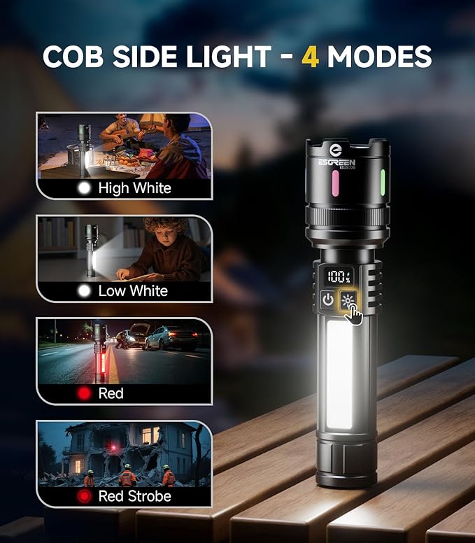 Esgreen Rechargeable Flashlights High Lumens 2000-2 Pack, Single Click Bright Flashlight Long Lasting 12H, Compact Handheld LED Flash Light USB C, White & Red Light, for Hiking Camping Gift