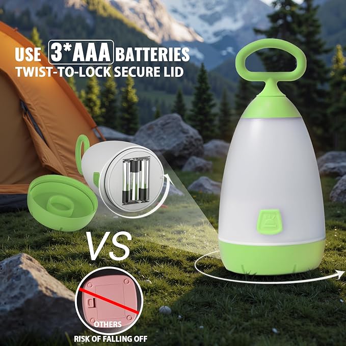Kids Camping Lantern & Night Light Battery Powered, 360° Eye-Safe Light (AAA Included), IPX4 with RGB Modes Portable for Outdoor, Emergency , Gift for Children (Green+Red 2 Pack)