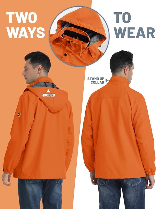 TACVASEN Men's Rain Jacket Lightweight Windbreaker with Hooded Water Resistant Outdoor Raincoat for Hiking Travel Camping