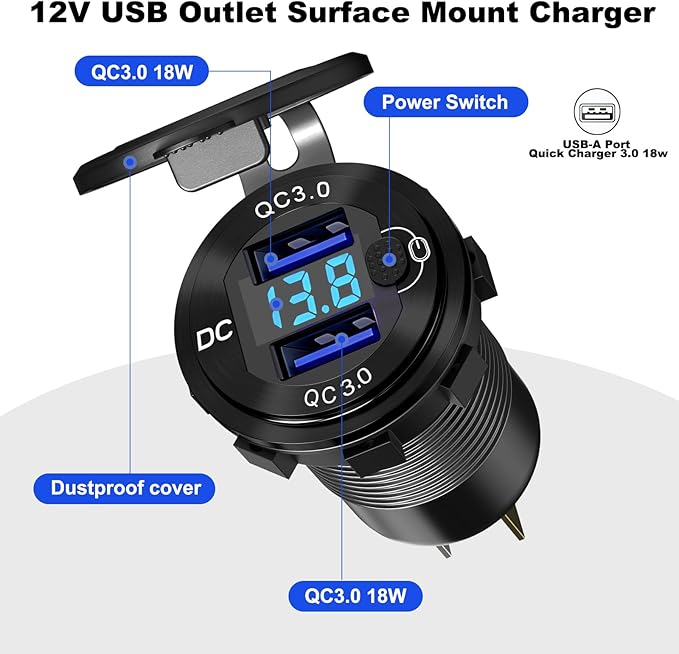 12V Flush Mount Car Charger, Aluminum Metal Body with LED Voltmeter and Switch, Dual QC3.0 USB Port for Marine, RV, Motorcycle & Panel Mounting (Black)