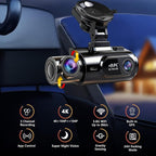 4K 3 Channel Dash Cam Front and Rear Inside, Built-in 5.8GHz WiFi GPS, 64GB Card Included, 4K+1440P+1400P Dash Camera for Cars, 3.0'' IPS Screen Dashcam with G-Sensor, 24H Parking Monitor,ADAS BSD