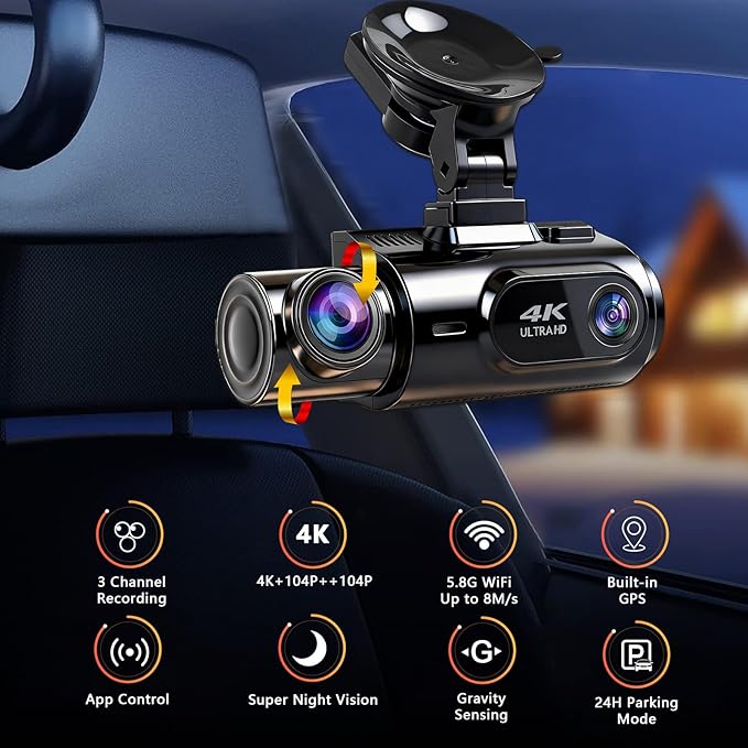 4K 3 Channel Dash Cam Front and Rear Inside, Built-in 5.8GHz WiFi GPS, 64GB Card Included, 4K+1440P+1400P Dash Camera for Cars, 3.0'' IPS Screen Dashcam with G-Sensor, 24H Parking Monitor,ADAS BSD