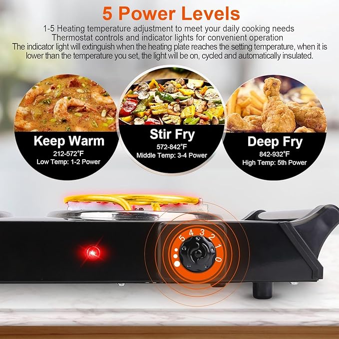 Hot Plate, 2000W Portable Electric Stove for Cooking with Stay Cool Handles & 5 Levels Adjustable Temperature, Countertop Double Coil Burner for Home RV Camp Compatible for All Cookwares,Black