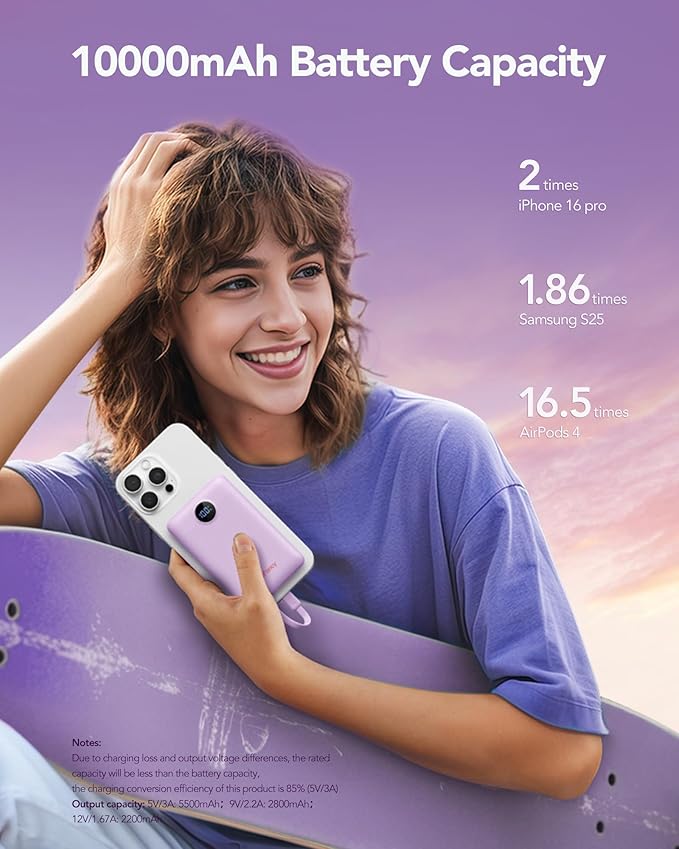 Mini Portable Charger with Built-in Cables 22.5W Fast Charging Power Bank USB-C Small Battery Pack 10000mAh Travel Essential Slim Battery for iPhone 17/16/15/14, Samsung 25/24, and More