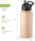 SipX™ Triple-Insulated Stainless Steel Water Bottle 32oz. With 3 Lids, BPA-Free Reusable Insulated Water Bottle Keeps Cold 24 Hours, Metal Water Bottle Made Of Sustainable Material For Hiking & Biking