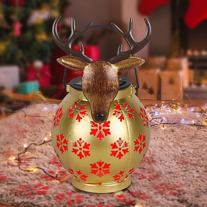 Gold Deer Christmas Lanterns Outdoor with LED Light and Hollow Snowflake Solar Reindeer Christmas Decorations Outside for Garden Patio Yard Porch Art Decoration