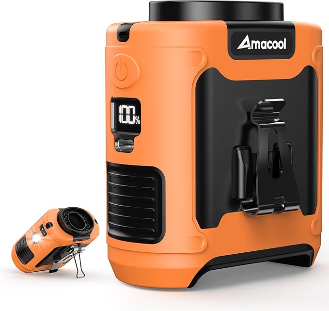 AMACOOL Portable Waist Fan Clip On, MAX 40H Work Time, 10000mAh Rechargeable Wearable Shirt Fan with Light, 16000RPM Powerful 5 Speed Belt Fans Personal Cooling Fans for Outdoor Jobsite Camping Travel