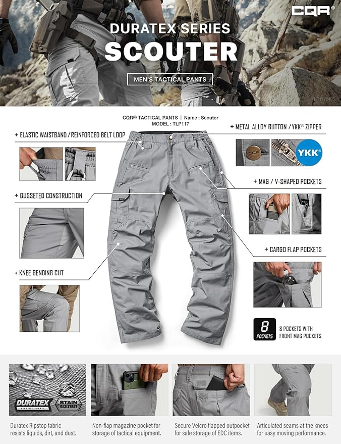 CQR Men's Tactical Pants, Water Resistant Ripstop Cargo Pants, Lightweight EDC Work Hiking Pants, Outdoor Apparel