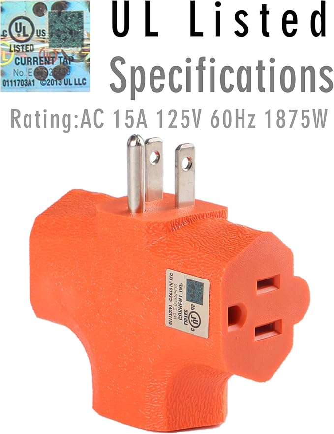 3 Way Plug Adapter - UL Listed - Outdoor Outlet Splitter 3 Prong - Electrical Outlet Extender, Wall Outlet Expander, Outdoor Heavy Duty Triple Plug Outlet Adapter