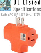 3 Way Plug Adapter - UL Listed - Outdoor Outlet Splitter 3 Prong - Electrical Outlet Extender, Wall Outlet Expander, Outdoor Heavy Duty Triple Plug Outlet Adapter