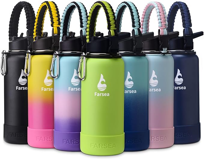 Farsea Insulated Water Bottle With Paracord Handle, Protective Boot and 2 Lids (Straw Lid & Spout Lid), Stainless Steel Water Bottle Wide Mouth, Double Wall Sweat-Proof BPA-Free, 32 oz