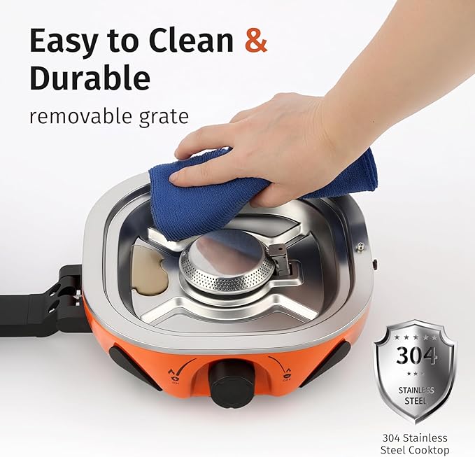 Propane Camping Stove 20,000 BTU - Portable 2 Burner Gas Stove with Adjustable Flame Control, Piezo Ignition, Carry Bag & Propane Adapter Hose, Folding Design for Camp, BBQ, Tailgating, Orange