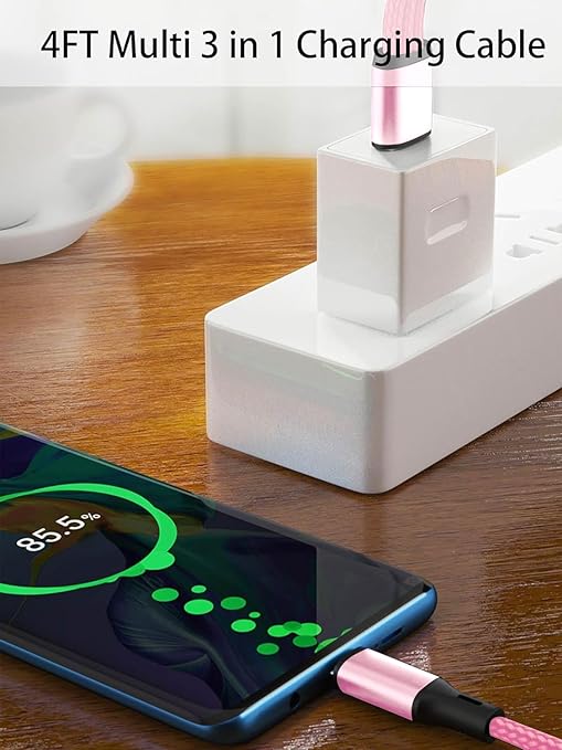 Multi USB C Cable 4FT 2Pack, 3 in 1 Multiple Type C Charging,3A Splitter USB-C Charger, PinkNylon Cord,USB C to 3 USB C Port, Compatible with iPhone 15,iPad Pro,Samsung S23,Google,Android,Kindle fire