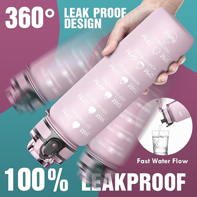 OLDLEY Water Bottle, 32oz Motivational Sports Water Bottle with Time Marker - Times to Drink - Tritan, BPA Free, Wide Mouth Leakproof, Peach (1 Bottle)