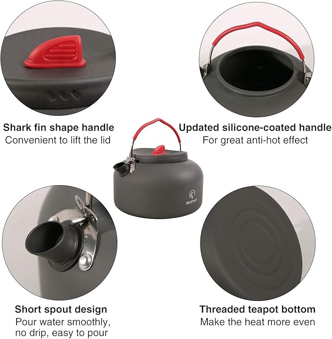 REDCAMP 1.4L Medium Outdoor Camping Kettle, Aluminum Water Pot with Carrying Bag, Compact Lightweight Tea Kettle
