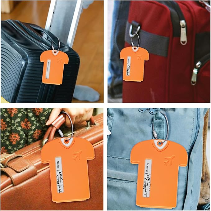 6Pack Personalized Jersey Shaped Plastic Luggage Tags - Lightweight and Secure Privacy Protection for Your Personal Information (Orange)