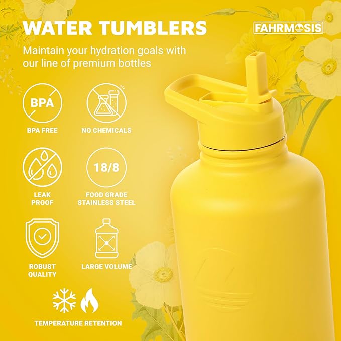 64 Oz Insulated Water Bottle with Strap Stainless Steel Sports Water Bottle with 3 Lids (Straw, Chug and Flip Lid) Leak Proof Metal Half Gallon Jug for Men & Women - Yellow