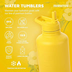 64 Oz Insulated Water Bottle with Strap Stainless Steel Sports Water Bottle with 3 Lids (Straw, Chug and Flip Lid) Leak Proof Metal Half Gallon Jug for Men & Women - Yellow