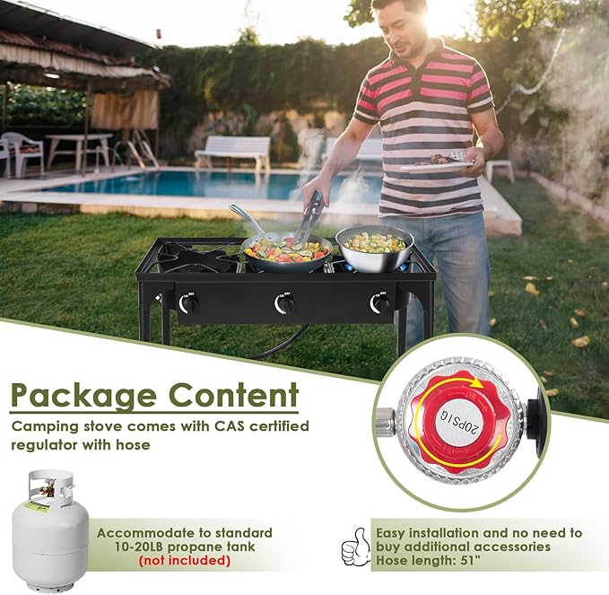 GYMAX Camping Stove, 3 Burner Propane Camp Stove w/Detachable Legs, 225,000-BTU Output, 20 PSI Regulator & CSA Certification, 30’’ Outdoor Gas Stove, High Pressure Propane Burner for BBQ (3 Burner)