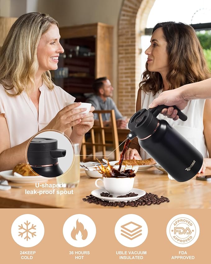 2 PCS Thermal Coffee Carafe 70 oz - 36 Hour Stainless Steel Carafes for Hot Liquids-Insulated Coffee Carafes For Keeping Hot/Cold Coffee, Tea, (Black+Gold)