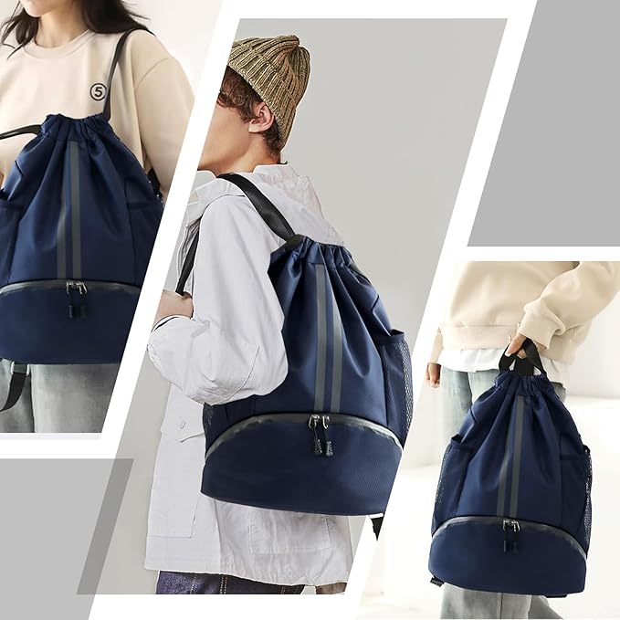Hoedia Sports Drawstring Backpack - String Swim Gym Bag with Shoes Compartment and Wet Proof Pocket for Women/Men (Navy Blue)