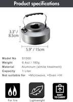 CAMPINGMOON Camping Kettle 1L Portable Ultra-Light Coffee Tea Pot S1000