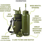 40 Oz Water Bottle with Strap Stainless Steel Sports Water Bottle with 3 Lids (Straw, Chug and Flip Lid) Insulated Leak Proof Metal Jug for Men & Women - Army Green