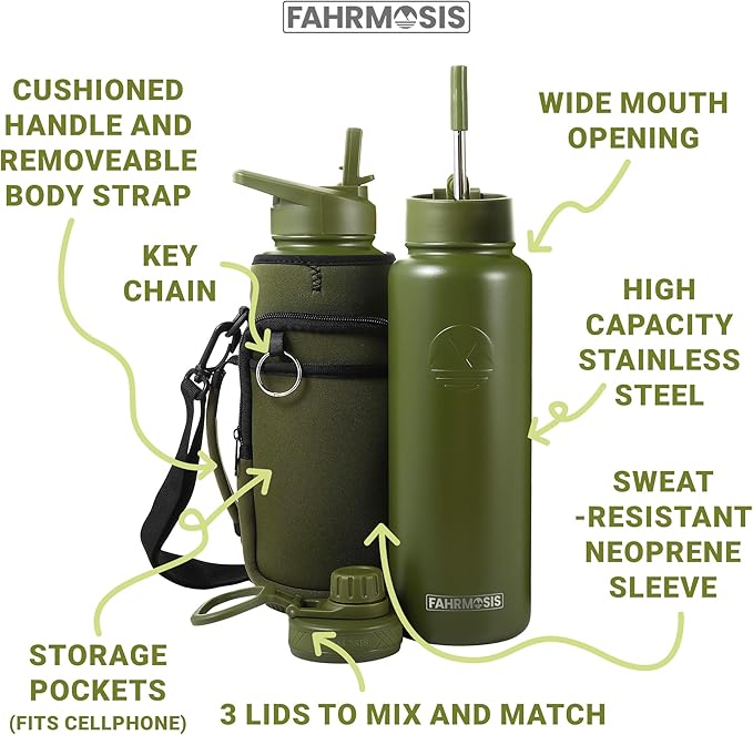 40 Oz Water Bottle with Strap Stainless Steel Sports Water Bottle with 3 Lids (Straw, Chug and Flip Lid) Insulated Leak Proof Metal Jug for Men & Women - Army Green