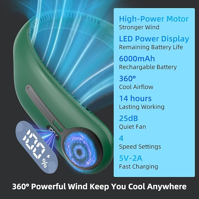 Portable Neck Fan,Hands Free Personal Wearable Bladeless Fan,6000mAh USB Rechargeable,360° Cooling,LED Display,4-Speeds,Birthday Gifts for Men Women Dad Mom,Outdoor Indoor Travel Camping (Dark green)