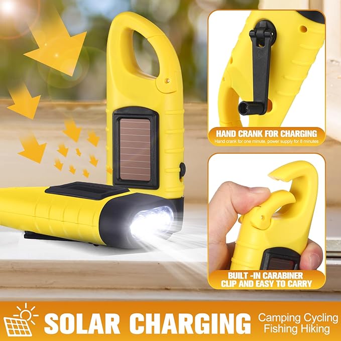 Mudder 6 Pcs Hand Crank Solar Powered Flashlights Emergency Rechargeable LED Handheld Flashlights for Survival Gear Outdoor Sports Camping Hiking Backpack Safety(Green,Yellow)