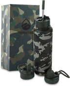 40 Oz Water Bottle with Straw Stainless Steel Sports Water Bottle with 3 Lids (Straw, Chug and Flip Lid) Insulated Leak Proof Metal Jug for Men & Women - Camo