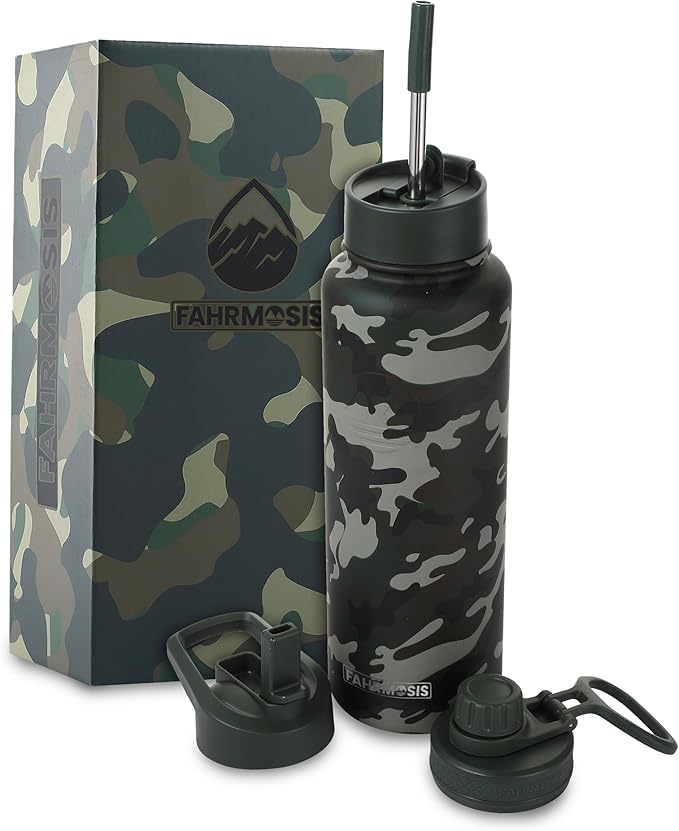 40 Oz Water Bottle with Straw Stainless Steel Sports Water Bottle with 3 Lids (Straw, Chug and Flip Lid) Insulated Leak Proof Metal Jug for Men & Women - Camo