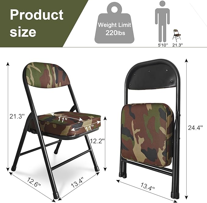 Mini Padded Folding Chairs, Garage Stool, Portable Camping Chair with Cushion, Lightweight Lawn Chair, for Outdoor Sports Events, Patio, Fishing, Hiking, Hunting, Picnic, Beach (Camo Green)