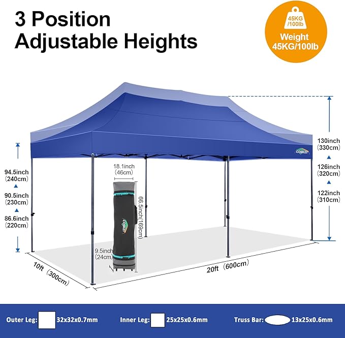COBIZI 10x20 Pop up Canopy Tent 10x20 Canopy with 6 Sidewalls Waterproof Heavy Duty Commercial Canopy Tent for Parties Outdoor Garden Gazebo, Carry Bag with Wheel(10x20ft, Dark Blue)