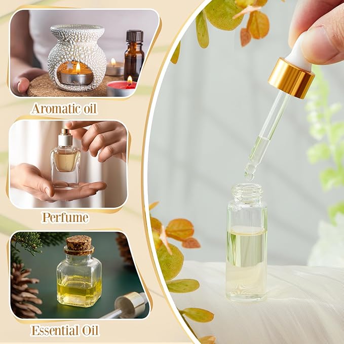 100 Pcs Mini Glass Oil Dropper Bottle Bulk, Clear Essential Small Empty Bottles Sample Containers Perfume Liquid Vials with Cap for Traveling (1ml,2ml,3ml,5ml,Gold)