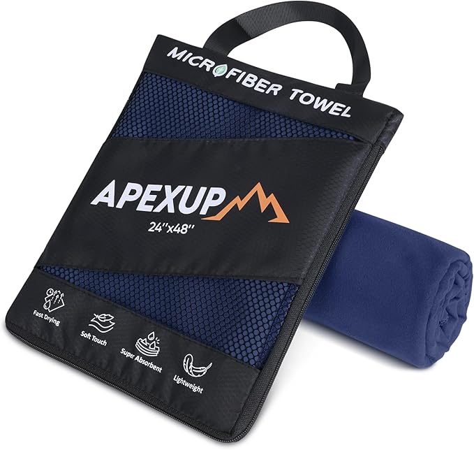 APEXUP Microfiber Travel Towel, Ultra Absorbent Quick Dry Towels, Lightweight Gym Sports Camping Towel for Workout, Yoga, Beach, Shower, Swimming (48"×24", Navy Blue)