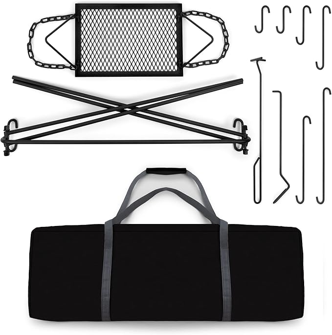 Bruntmor Grill Swing Campfire Cooking Stand BBQ Grill for Cookware & Dutch Oven Adjustable Collapsible Legs with Hooks & Accessories & Carrying Case Black