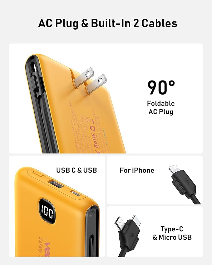 Portable Charger Power Bank Built in Cables and Wall Plug, 10000mAh iPhone Battery Pack Fast Charging, USB C External Slim Power Bank, Travel Essentials Compatible with iPhone 16 15 14 13 iPad, Yellow