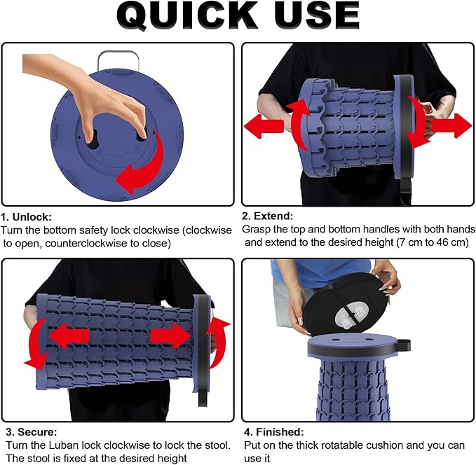 ALEVMOOM Upgraded Portable Collapsible Stool with Cushion, Telescoping Folding Stool for Adults, Lightweight Yet More Sturdy Capacity 600 lbs for Camping Fishing Hiking BBQ