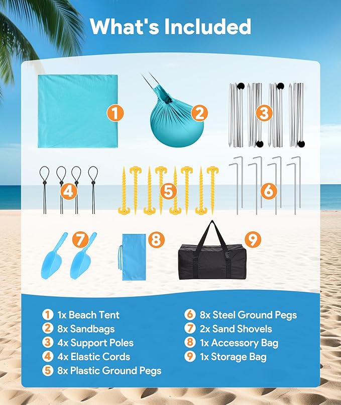 Beach Tent Sun Shelter, 10 x 10 FT Beach Canopy Tent Sun Shade, UPF50+ Tents Canopy with 8 Sandbags & 4 Stability Poles, Outdoor Tents for Camping Fishing, Light Blue