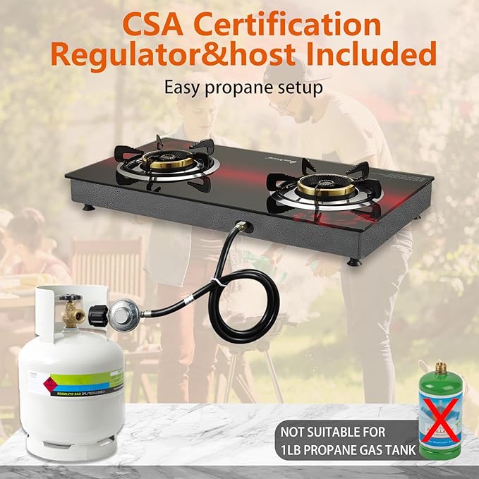 Propane Stove 2 Burner Gas Stove, 28800 BTU High-Efficiency Auto Ignition Tempered Glass LPG Cooktop with CSA Regulator and Hose – for Outdoor Camping, RV, and Emergency Cooking