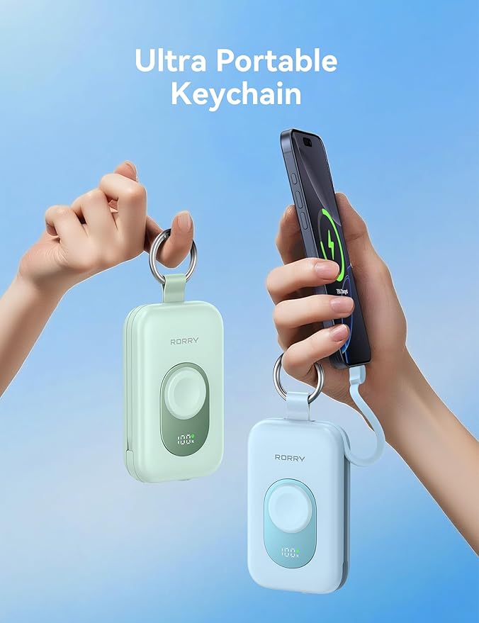 RORRY CharmGo Portable Charger, 20000mAh PD 30W Portable Charger Power Bank with 2 Built-in Cables, Fast Charging Battery Pack with Keychain, Travel Essentials for iPhone, Apple Watch, iPad, Green